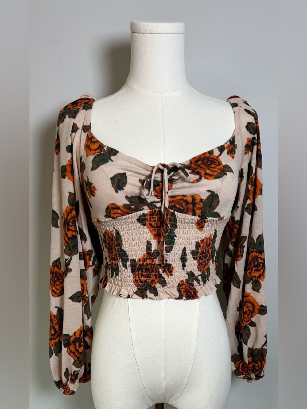 Urban Outfitters Cream Floral Tie-Front Smocked Blouse with Orange Roses size M - Picture 2 of 10